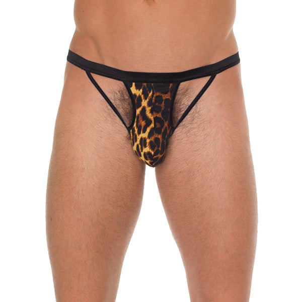Tanga negro para hombre con correas negras a bolsa con estampado animal